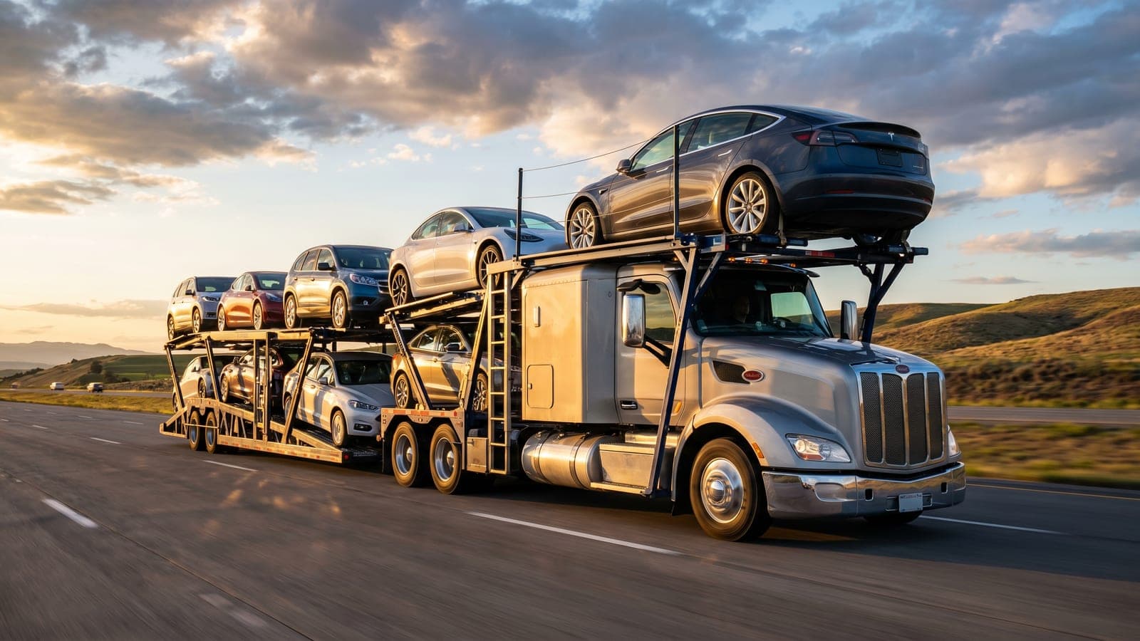 Modern Shipity car carrier loaded with sedans and SUVs on a US interstate at golden hour